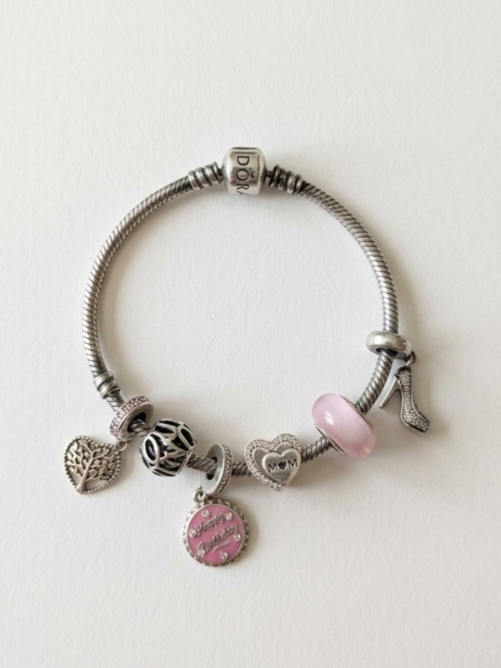 Pandora Sterling Silver Happy Birthday Mom Charm Bracelet Heart Glass Beads